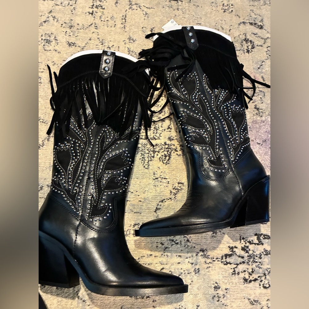 Zara NWT black heeled studded fringe wide mid calf cowboy boots 3062/410 - Picture 6 of 7